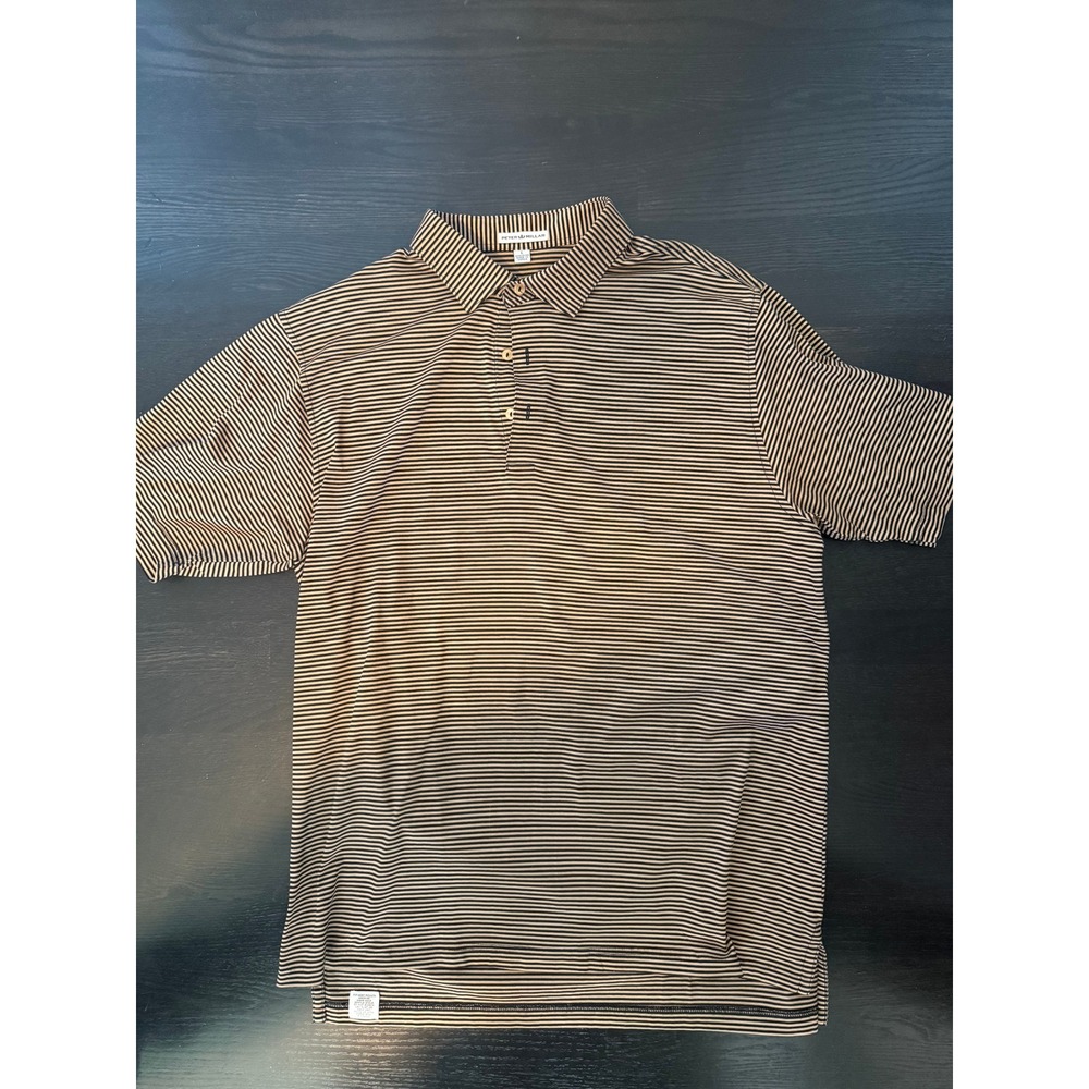 Peter Millar Mens Large Polo Shirt Black Tan Striped 100% Cotton Short Sleeve L